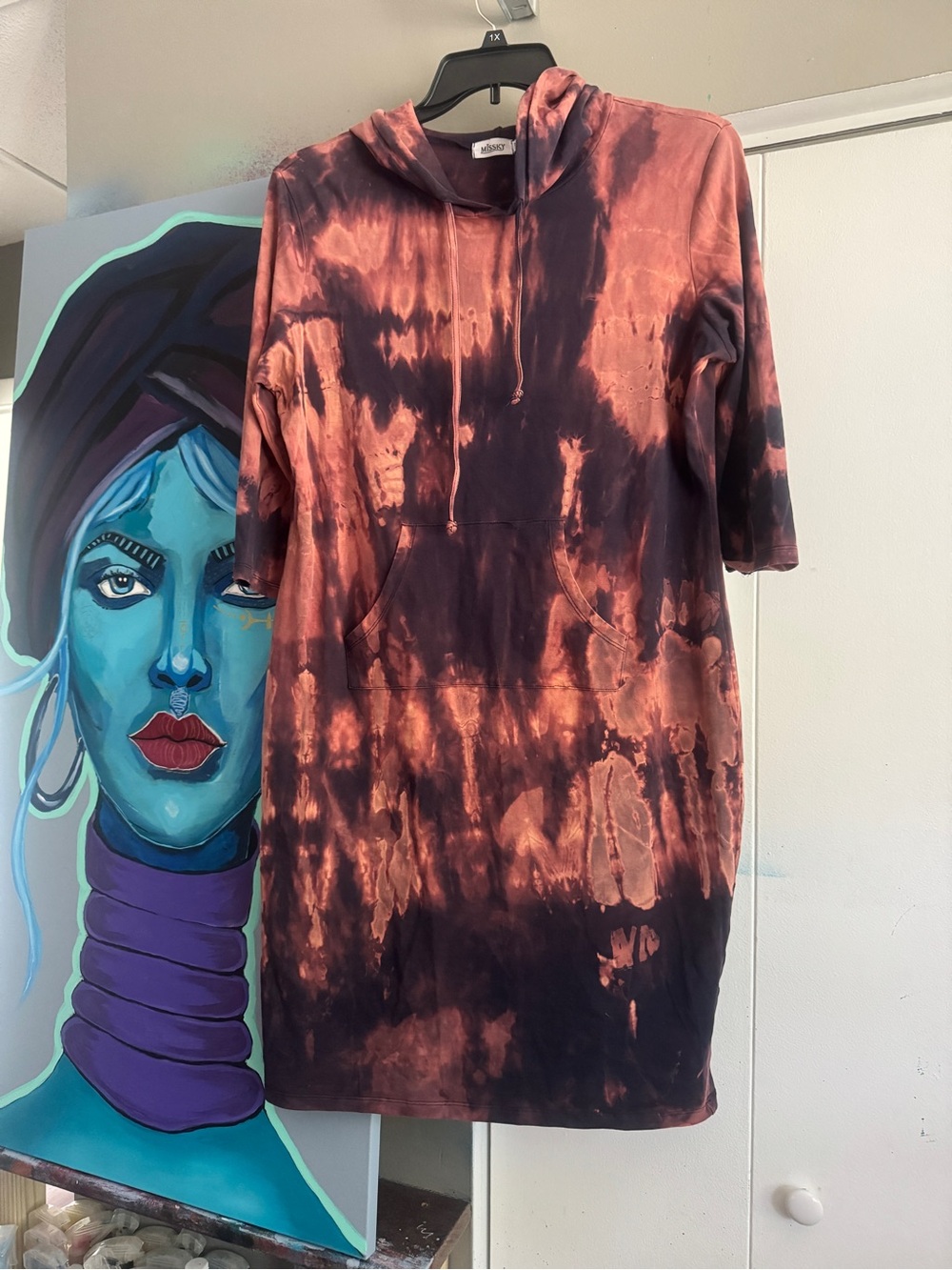 MISSKY Tie Dye Hooded T-Shirt Dress Size 2XL Bleach Dye Pocket Lounge Midi